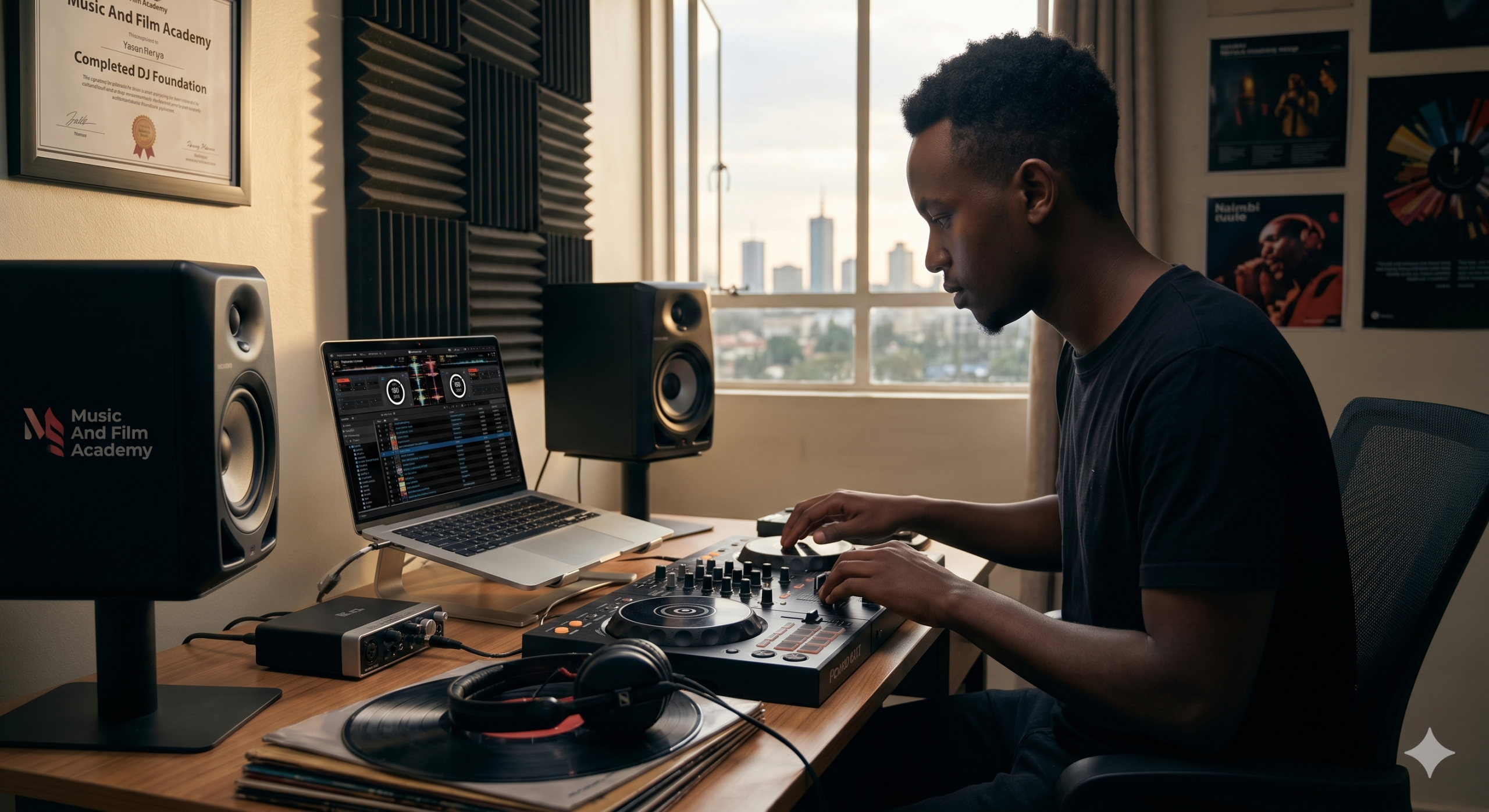 A young Kenyan DJ practicing beatmatching on a compact DDJ-400 style controller in a bedroom studio with a view of the Nairobi CBD skyline