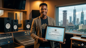 A successful creative entrepreneur holding a framed Certificate of Registration in a professional recording studio with the Nairobi CBD skyline in the background.