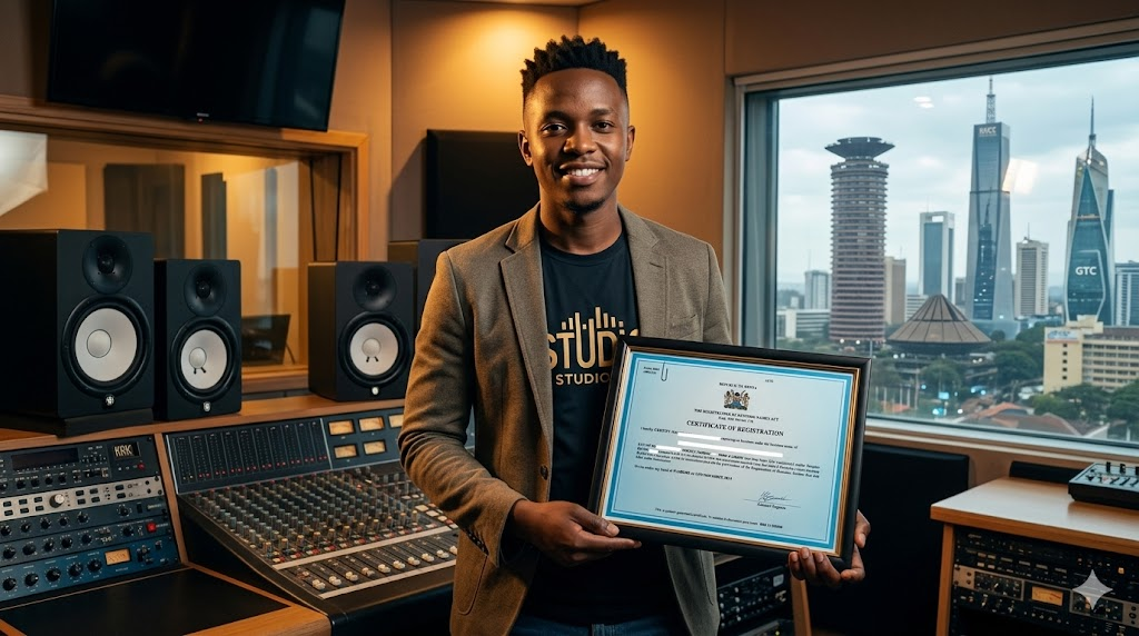 A successful creative entrepreneur holding a framed Certificate of Registration in a professional recording studio with the Nairobi CBD skyline in the background.