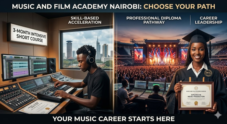 A comparison graphic for Music And Film Academy Nairobi showing a student in a 3-month intensive short course and a graduate holding a professional diploma in music production.