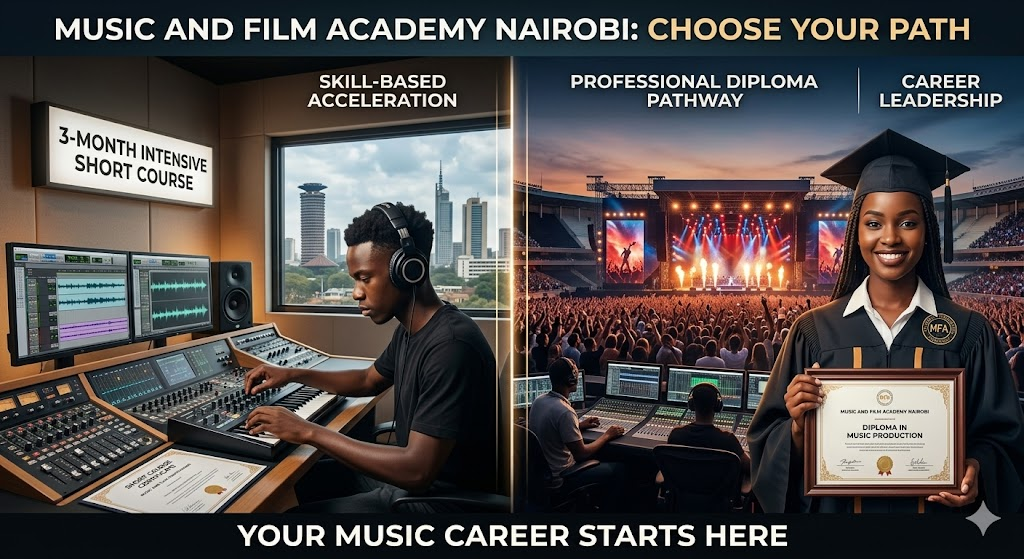 A comparison graphic for Music And Film Academy Nairobi showing a student in a 3-month intensive short course and a graduate holding a professional diploma in music production.