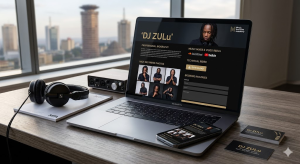 An example of a professional DJ Press Kit (EPK) optimized for mobile viewing, featuring a bio, press photos, and technical rider for a Nairobi-based DJ.
