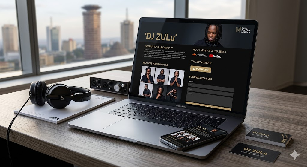 An example of a professional DJ Press Kit (EPK) optimized for mobile viewing, featuring a bio, press photos, and technical rider for a Nairobi-based DJ.