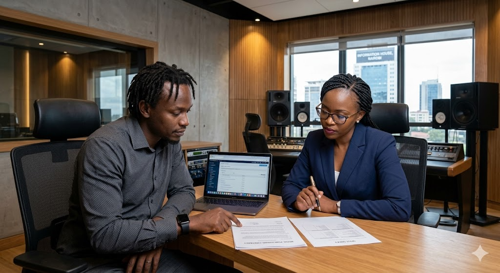 A music producer and a legal professional reviewing music publishing contracts in a high-end recording studio overlooking the Nairobi CBD skyline.