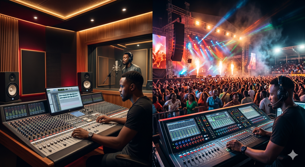 A split-screen comparison showing a professional recording studio environment and a large-scale live concert sound reinforcement setup.