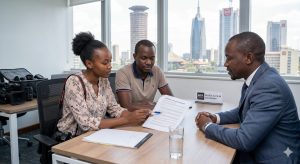 A female videographer from Music & Film Academy presenting a commercial videography agreement and creative contracts in Kenya to a corporate client during a professional meeting in Nairobi.