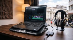 A high-performance refurbished laptop running a complex video editing timeline showing the best budget video editing laptops for creators in Kenya, using optimization techniques trained by the Music And Film Academy.