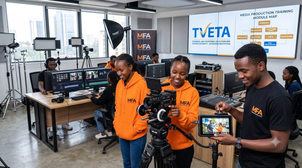 A hands-on film and photography practical lab demonstrating the importance of choosing a media academy in Nairobi with TVETA accreditation like the Music And Film Academy.