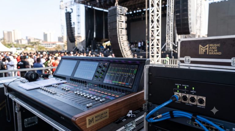 A high-performance live event mixing station demonstrating the deployment of digital audio networks via managed gigabit switches and Dante architectures at a Nairobi festival under training from the Music And Film Academy.