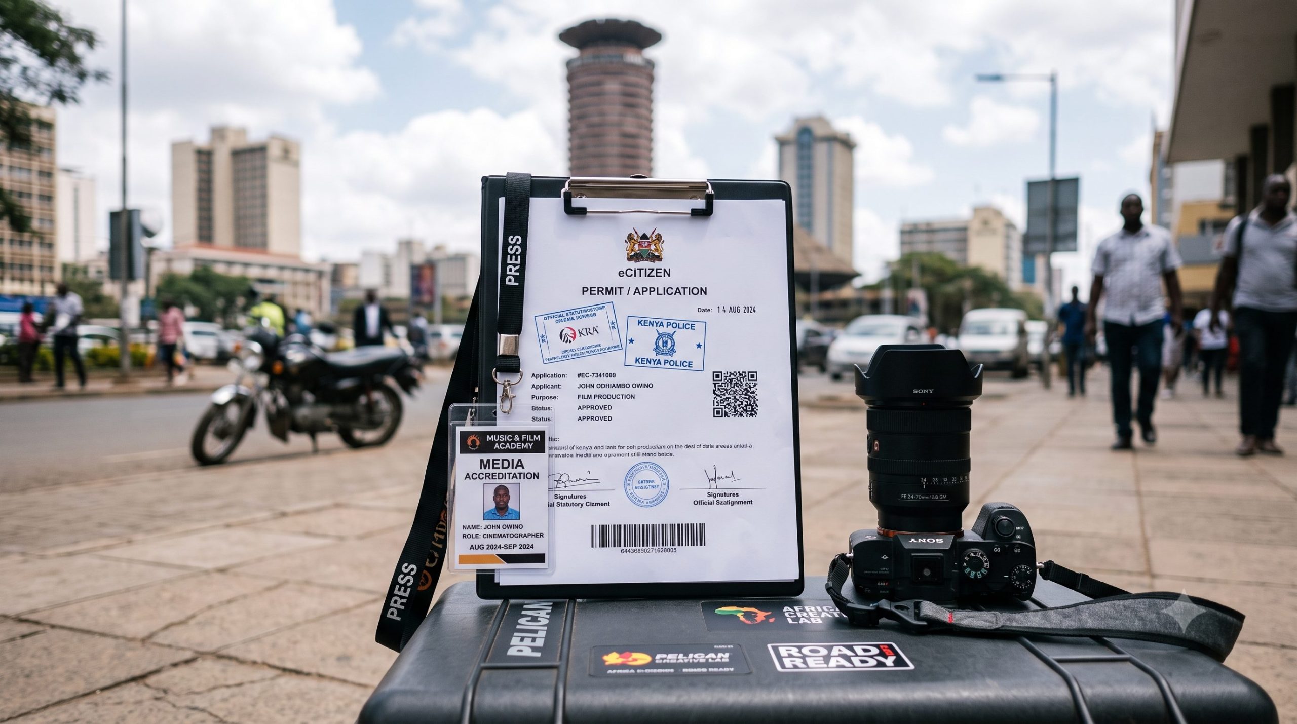 A professional clipboard with an eCitizen document and media credentials demonstrating if do you need a permit to shoot in Kenya, using legal training from the Music And Film Academy.