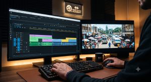 An advanced Premiere Pro audio-visual timeline demonstrating J-cuts and L-cuts as key editing techniques that keep Kenyan audiences watching, inside a post-production suite at the Music And Film Academy.