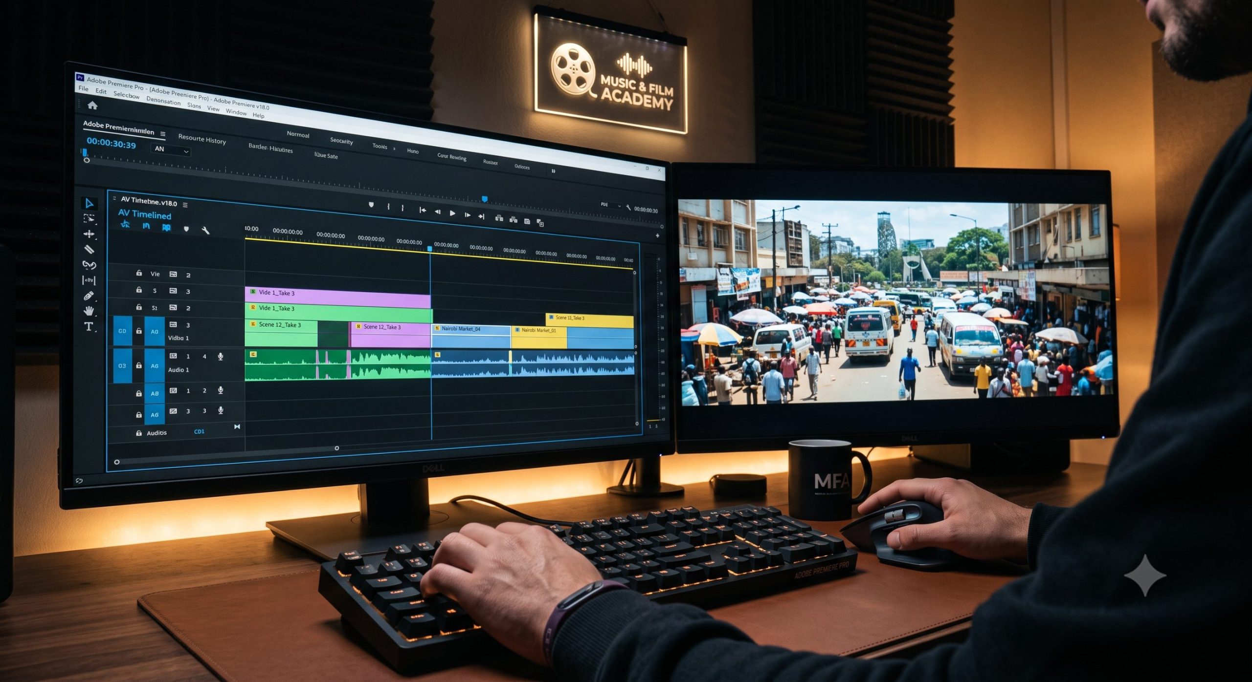 An advanced Premiere Pro audio-visual timeline demonstrating J-cuts and L-cuts as key editing techniques that keep Kenyan audiences watching, inside a post-production suite at the Music And Film Academy.
