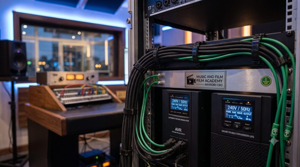 A heavy-duty rack-mounted online double-conversion UPS and voltage regulator array, illustrating the physical infrastructure required for eliminating ground hum and voltage spikes in Nairobi control rooms at the Music And Film Academy.