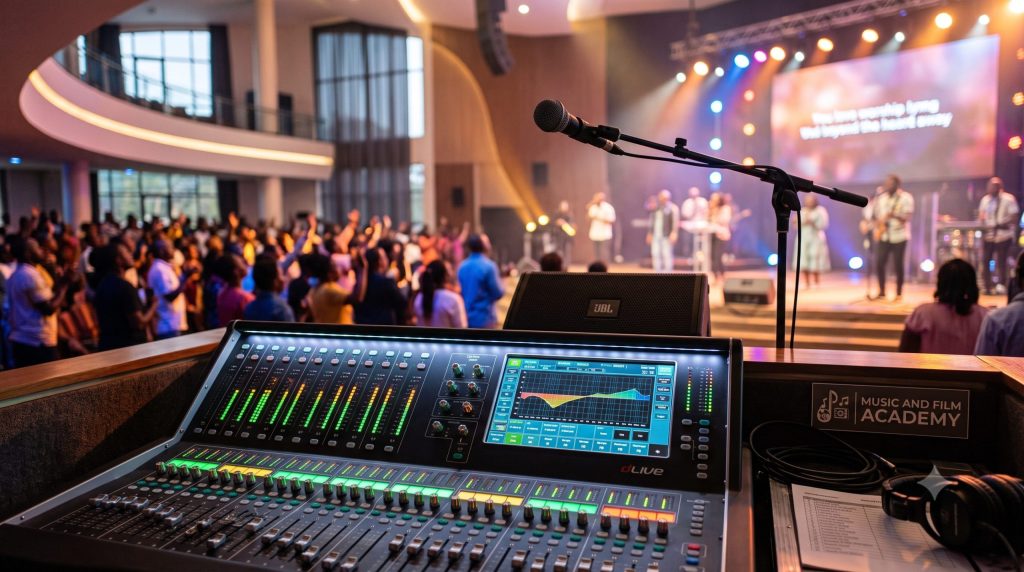 A professional digital mixing console displaying a graphic EQ curve for eliminating live microphone feedback in high-density Kenyan sanctuaries during a worship soundcheck under training from the Music And Film Academy.