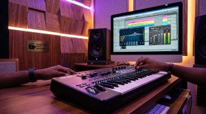 A music producer calibrating low-end sidechain tracks on a DAW interface using professional EQ and compression blueprints for local hits at the Music And Film Academy.