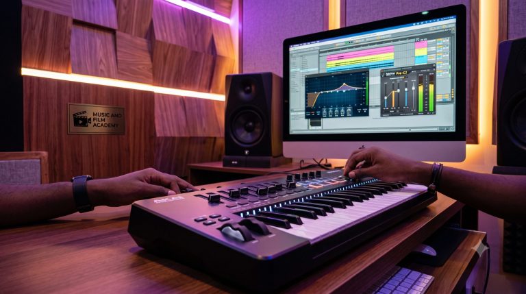 A music producer calibrating low-end sidechain tracks on a DAW interface using professional EQ and compression blueprints for local hits at the Music And Film Academy.
