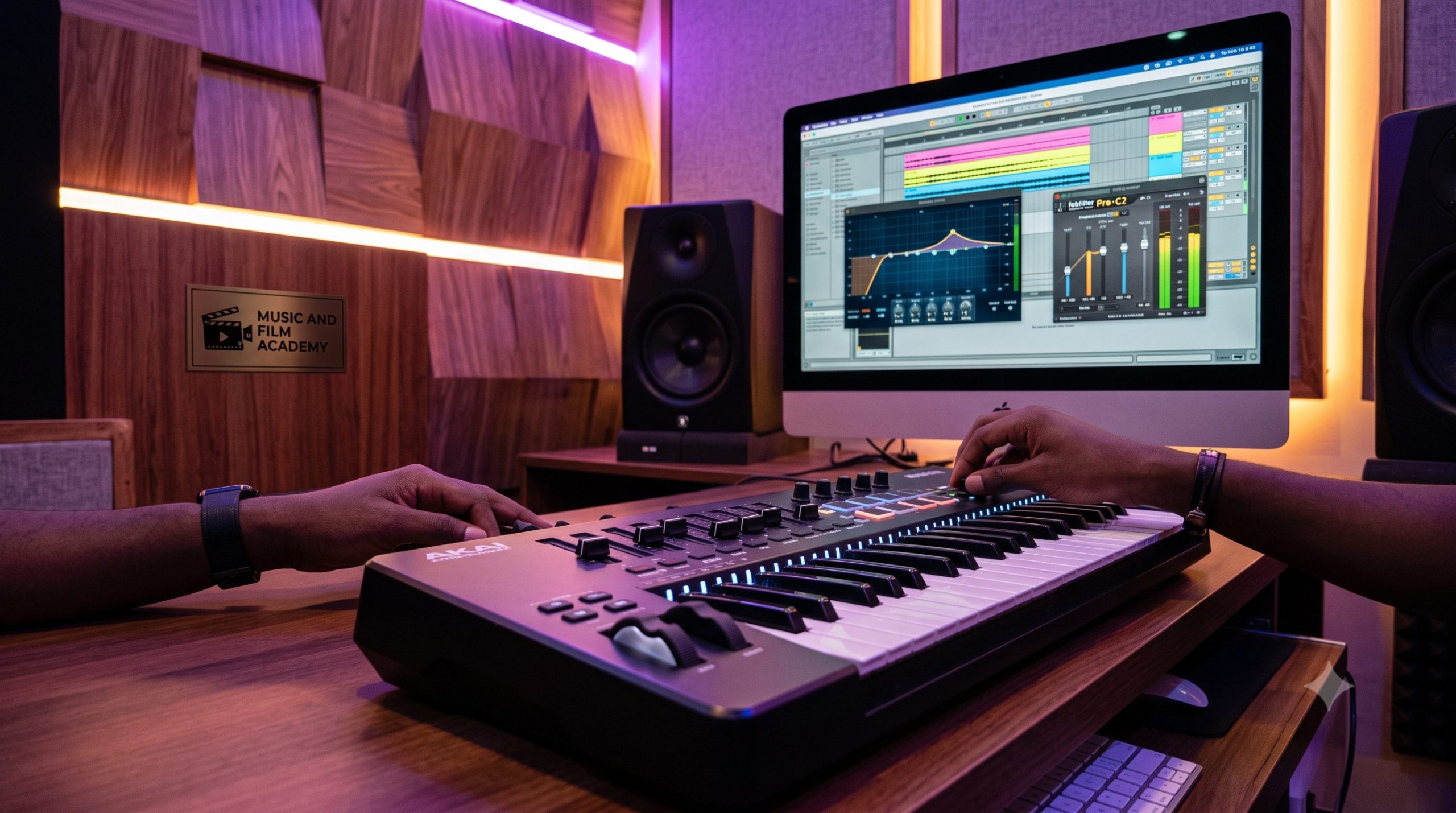 A music producer calibrating low-end sidechain tracks on a DAW interface using professional EQ and compression blueprints for local hits at the Music And Film Academy.