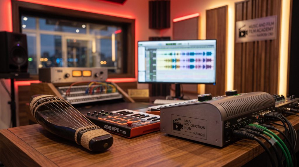 A high-tech studio layout showcasing a traditional Nyatiti instrument next to a MIDI controller, illustrating the technical process of fusing traditional Kenyan rhythms with modern electronic MIDI at the Music And Film Academy.