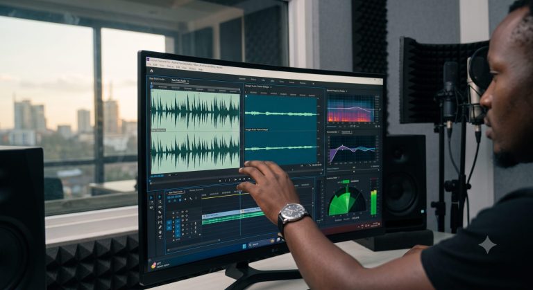 A professional editing suite showing Premiere Pro's spectral frequency display side-by-side comparison between raw noisy audio and savaged pristine dialogue, trained by the Music And Film Academy.