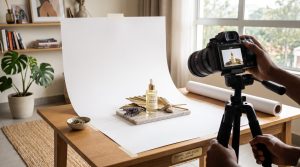 A DIY product photography setup inside a Nairobi apartment demonstrating how to shoot high-converting product photos for Kenyan Instagram businesses using gear from the Music And Film Academy.