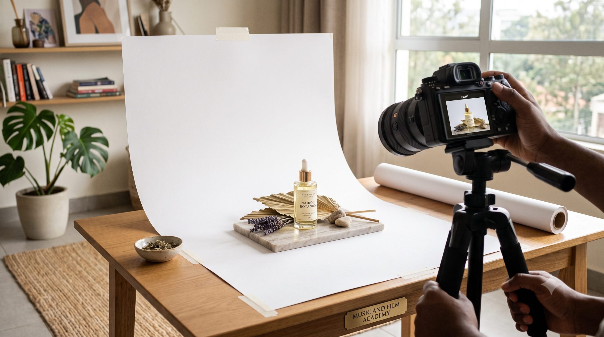 A DIY product photography setup inside a Nairobi apartment demonstrating how to shoot high-converting product photos for Kenyan Instagram businesses using gear from the Music And Film Academy.