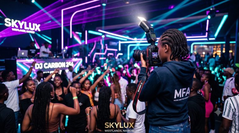 A photographer demonstrating how to shoot nightclub and event photography in Westlands using gear from the Music And Film Academy.