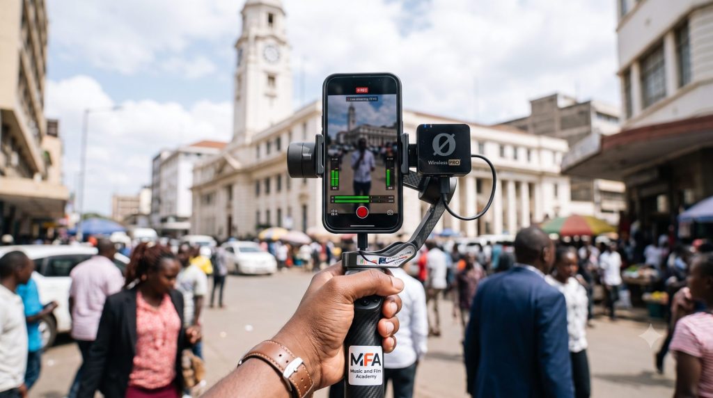 A mobile journalist using a smartphone gimbal and wireless microphone showing how to shoot professional TikTok and YouTube news packages in Kenya with training from the Music And Film Academy.