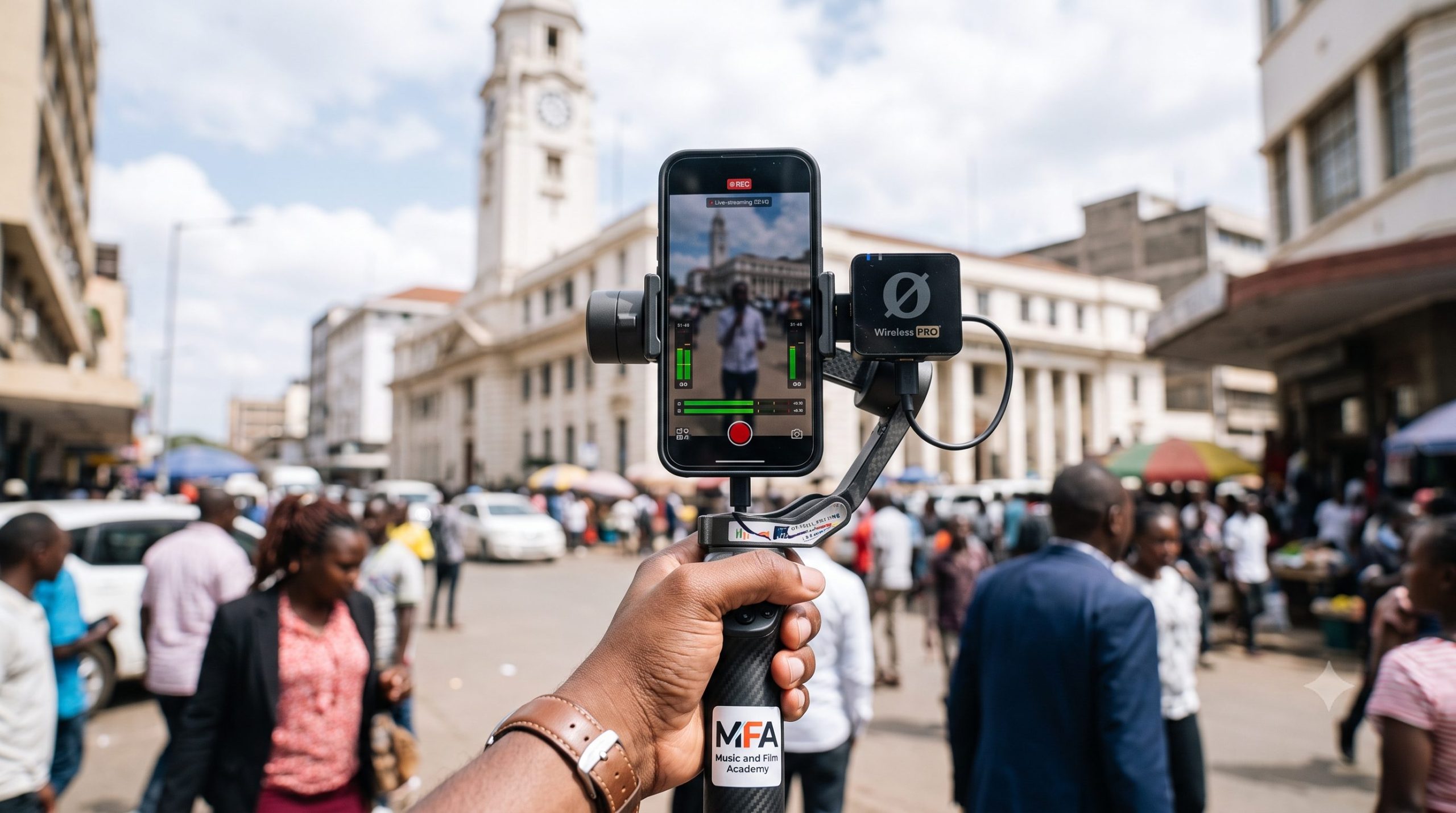 A mobile journalist using a smartphone gimbal and wireless microphone showing how to shoot professional TikTok and YouTube news packages in Kenya with training from the Music And Film Academy.