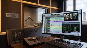 A professional film post-production mixing desk displaying an EBU R128 loudness meter configured to meet broadcast audio standards in Kenya at the Music And Film Academy.
