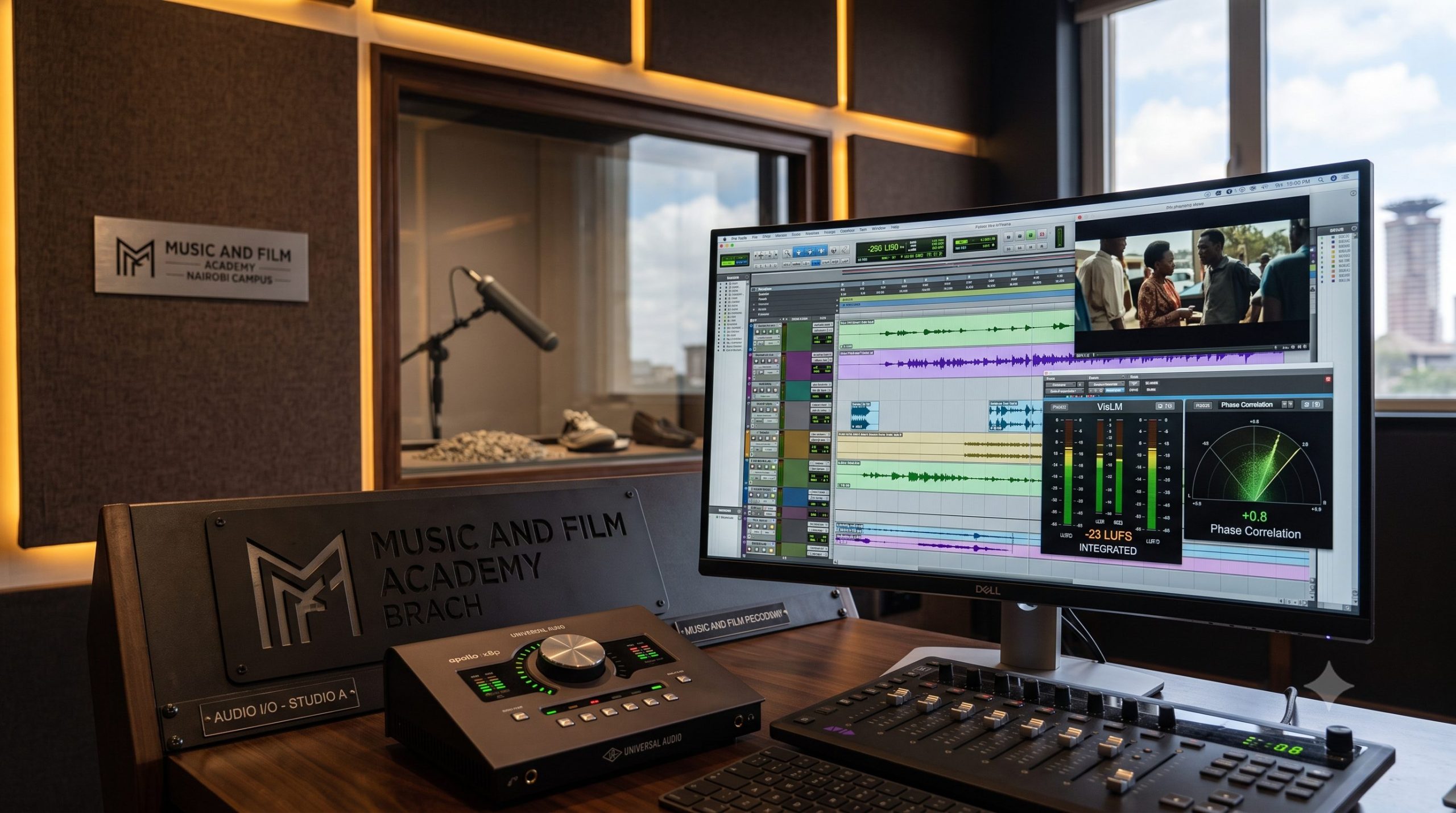 A professional film post-production mixing desk displaying an EBU R128 loudness meter configured to meet broadcast audio standards in Kenya at the Music And Film Academy.