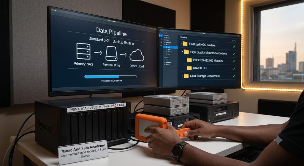 A high-volume video post-production editing workstation in Nairobi demonstrating how managing multi-terabyte NGO client projects uses a strict 3-2-1 backup routine with a Synology NAS and G-Technology RAID storage at the Music And Film Academy.
