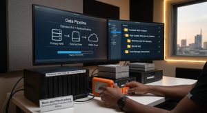 A high-volume video post-production editing workstation in Nairobi demonstrating how managing multi-terabyte NGO client projects uses a strict 3-2-1 backup routine with a Synology NAS and G-Technology RAID storage at the Music And Film Academy.