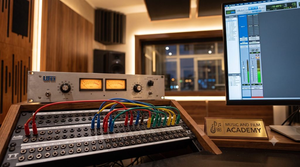 A high-end hybrid studio setup showing patchbay routing and outboard gear calibration, demonstrating how mastering signal flow in commercial studios ensures total technical adaptability under training from the Music And Film Academy.