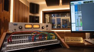 A high-end hybrid studio setup showing patchbay routing and outboard gear calibration, demonstrating how mastering signal flow in commercial studios ensures total technical adaptability under training from the Music And Film Academy.