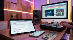 A modern digital studio workspace displaying a formal split sheet agreement and automated payment notifications, illustrating how monetizing beats in Kenya safely requires strict legal infrastructure at the Music And Film Academy.