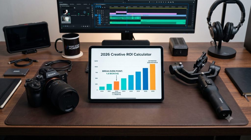 A professional creative workstation showing a digital tuition ROI graph alongside a mirrorless camera and stabilizer gimbal, deconstructing photography and videography school fees in Nairobi at the Music And Film Academy.