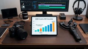A professional creative workstation showing a digital tuition ROI graph alongside a mirrorless camera and stabilizer gimbal, deconstructing photography and videography school fees in Nairobi at the Music And Film Academy.