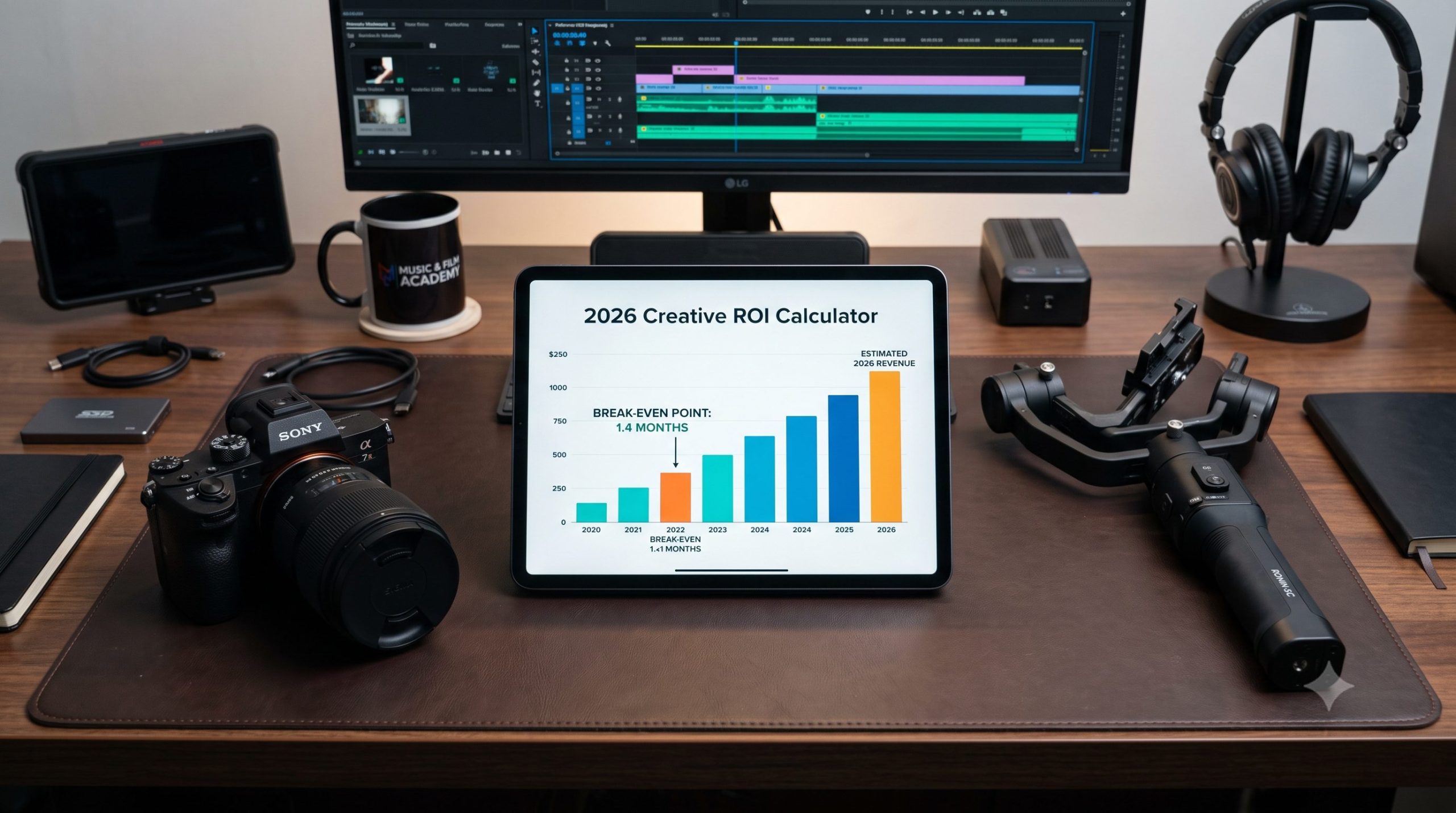 A professional creative workstation showing a digital tuition ROI graph alongside a mirrorless camera and stabilizer gimbal, deconstructing photography and videography school fees in Nairobi at the Music And Film Academy.