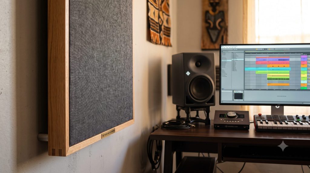 A professionally wrapped DIY rockwool acoustic panel mounted with an air gap on a studio wall, demonstrating how stopping room reflections in Nairobi home studios improves mix accuracy under training from the Music And Film Academy.