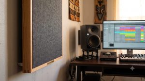 A professionally wrapped DIY rockwool acoustic panel mounted with an air gap on a studio wall, demonstrating how stopping room reflections in Nairobi home studios improves mix accuracy under training from the Music And Film Academy.