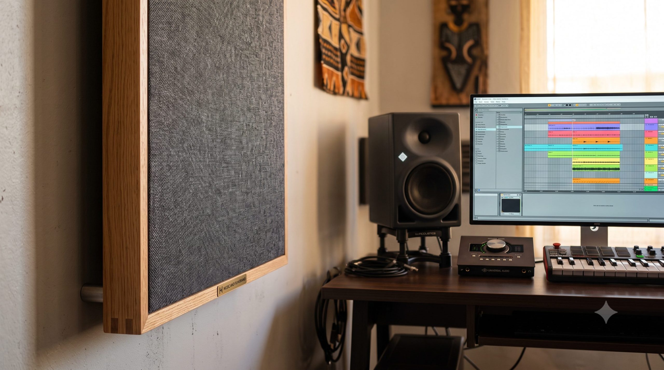 A professionally wrapped DIY rockwool acoustic panel mounted with an air gap on a studio wall, demonstrating how stopping room reflections in Nairobi home studios improves mix accuracy under training from the Music And Film Academy.