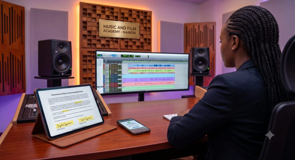 A professional digital studio workspace showing a formal sync licensing contract and stem multi-tracks, illustrating the strategic B2B playbook for monetizing beats in Kenya through corporate jingle sales at the Music And Film Academy.