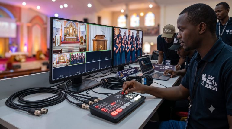 A multi-camera church media control room showing the live streaming setup for Kenyan churches using an ATEM Mini switcher trained by the Music And Film Academy.