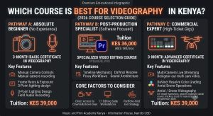Infographic guiding students on which videography course is best in Kenya by career goal. Shows 3-month Basic Certificate, Video Editing, and Advanced Certificate (Drone & Live Streaming) options with tuition at Music and Film Academy Nairobi.