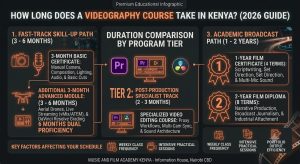Infographic comparing videography course durations in Kenya: 3-month basic certificate, 3-month advanced certificate, 2-3 month video editing track, 1-year film certificate (4 terms), and 2-year diploma (8 terms).