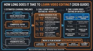 How long does it take to learn video editing? Visual timeline comparing 1-month social media editing, 3-month commercial editing, 6-month full-stack post-production, and self-learning.