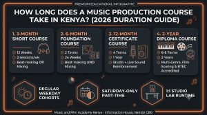 How long does a music production course take in Kenya? 2026 duration guide comparing 3-month short courses, 6-month foundation, 1-year certificates, and 2-year diplomas.
