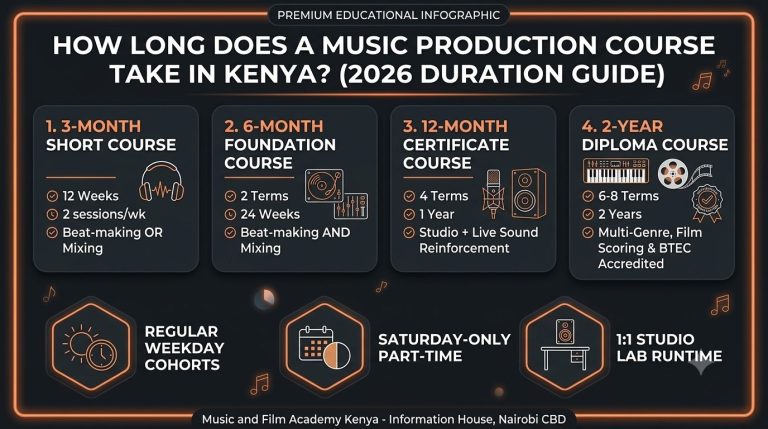 How long does a music production course take in Kenya? 2026 duration guide comparing 3-month short courses, 6-month foundation, 1-year certificates, and 2-year diplomas.