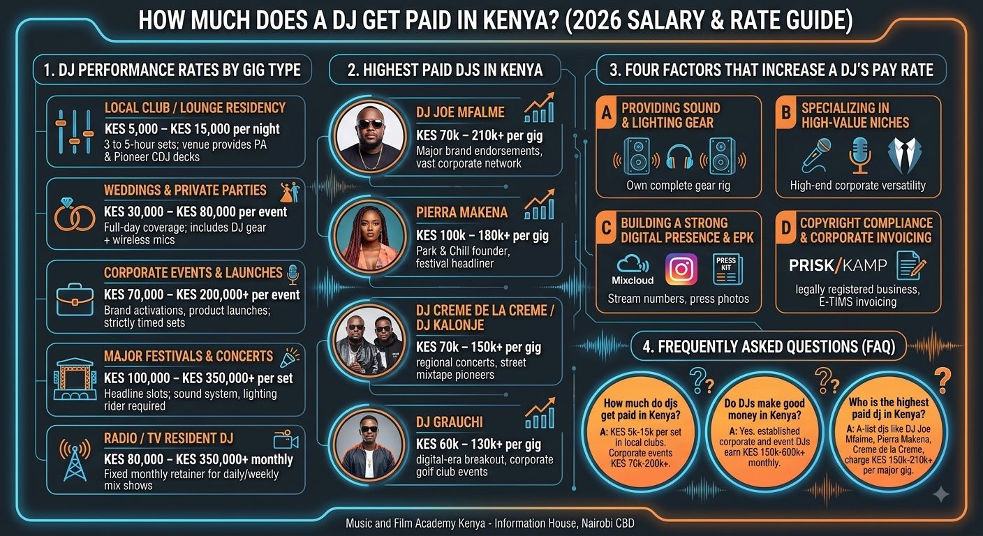 How much does a DJ get paid in Kenya infographic. Visual breakdown of club rates KES 5k-15k, corporate rates KES 70k-200k+, top-earning DJs, and key income factors.