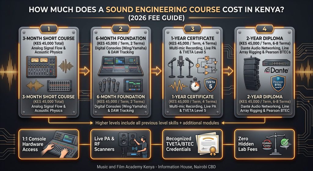 How much does a sound engineering course cost in Kenya? Progressive tuition fee guide comparing 3-Month Short Course, Foundation, TVETA Certificate, and Pearson BTEC Diploma options.